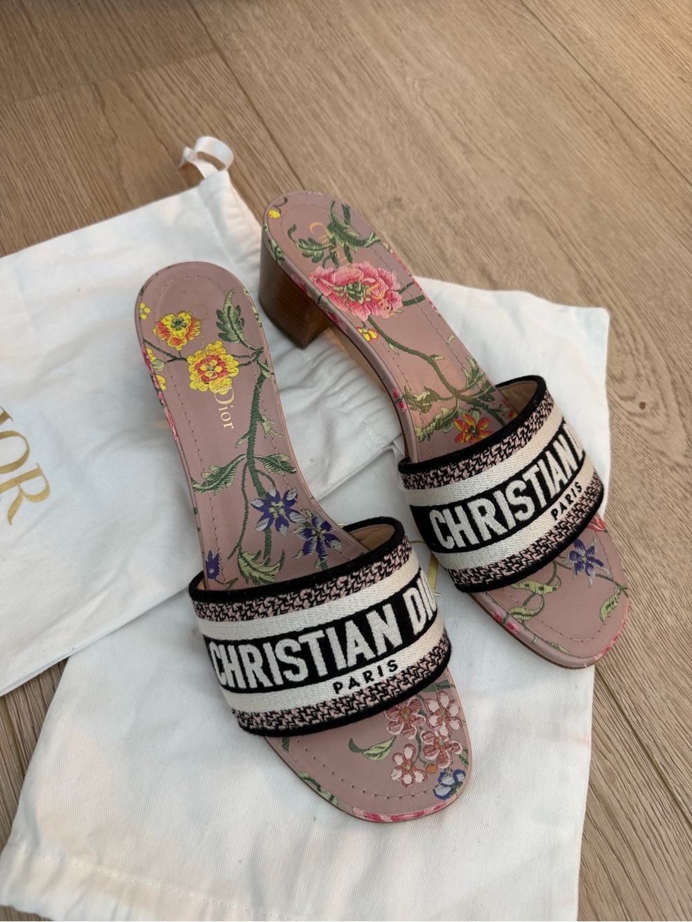 Dior Pink Floral Embroidered Logo Slide Mules